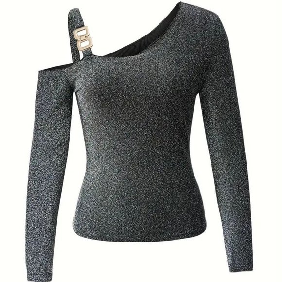 One Shoulder Chain Buckle Sparkly Glitter Top Shirt black silver M - Picture 1 of 9